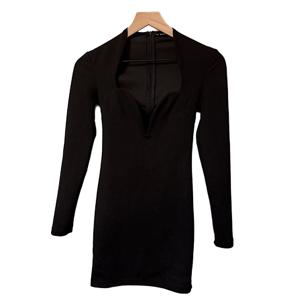 SHEIN Black Long Sleeve Plunging Neckline Bodycon Mini Dress Size XS Whimsigoth